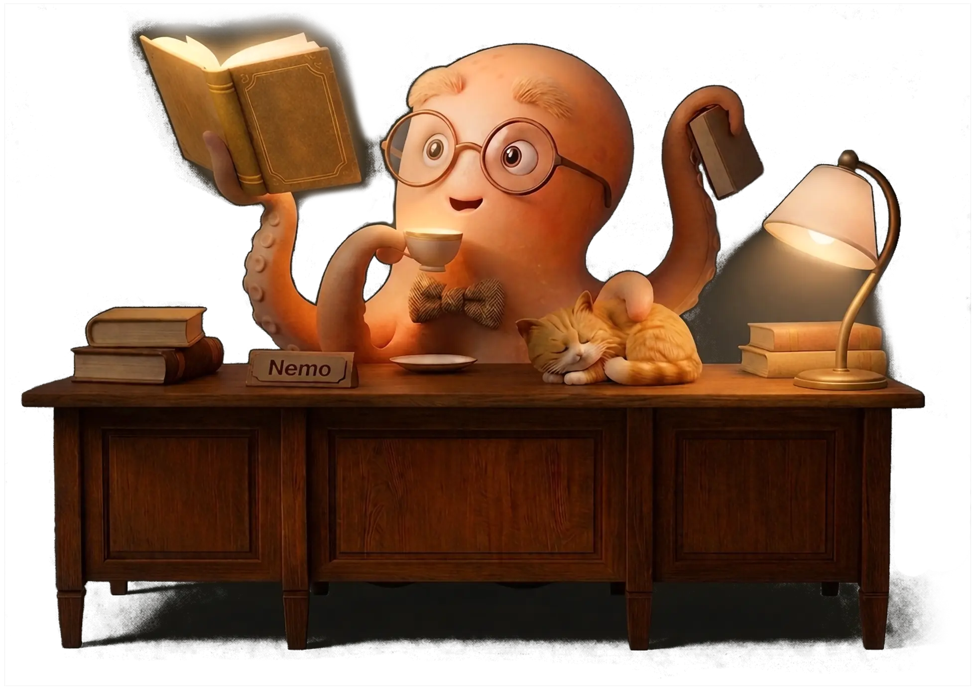 A whimsical illustration of a friendly brain character with glasses, reading a book, representing learning and memory.