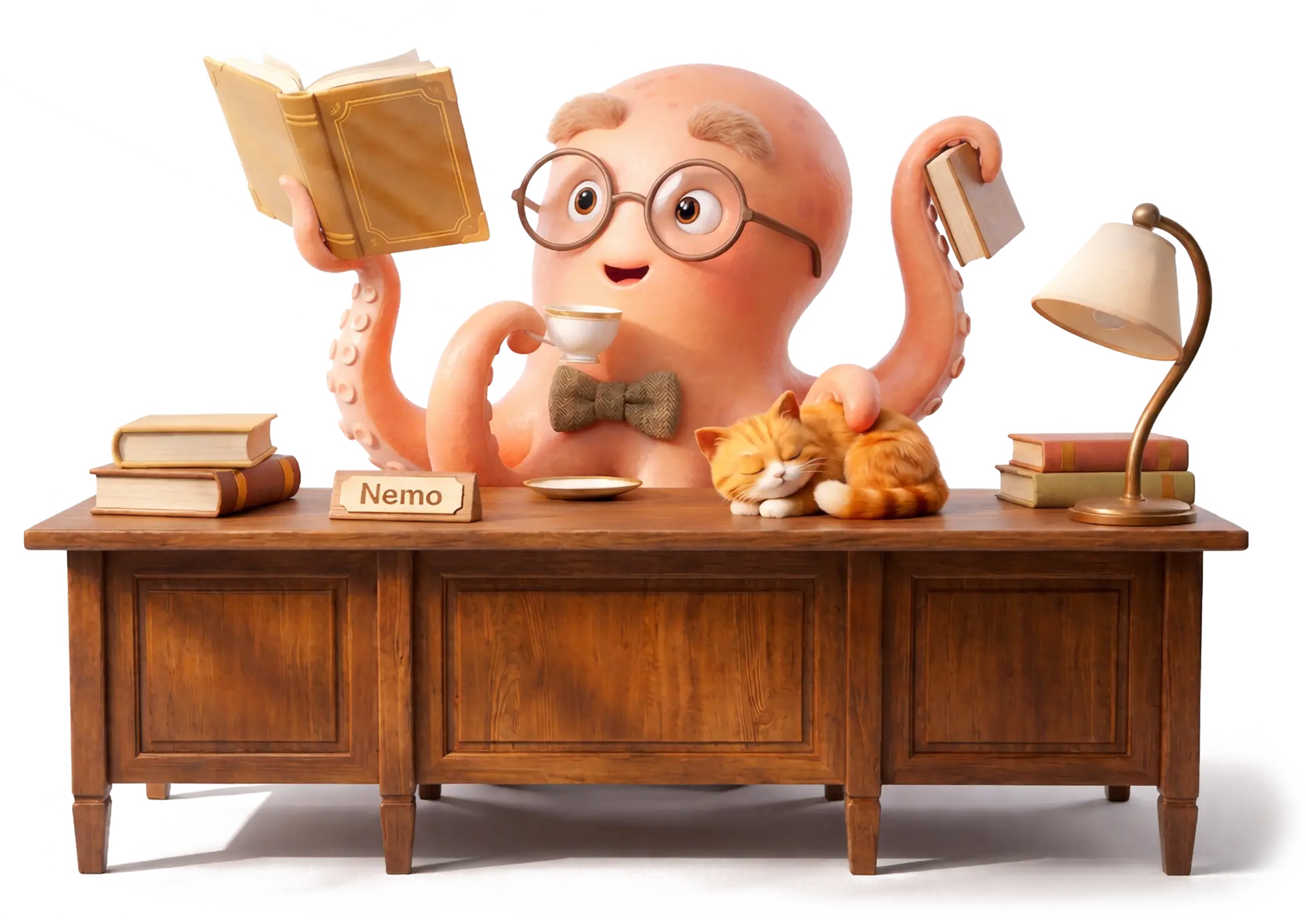 A whimsical illustration of a friendly brain character with glasses, reading a book, representing learning and memory.